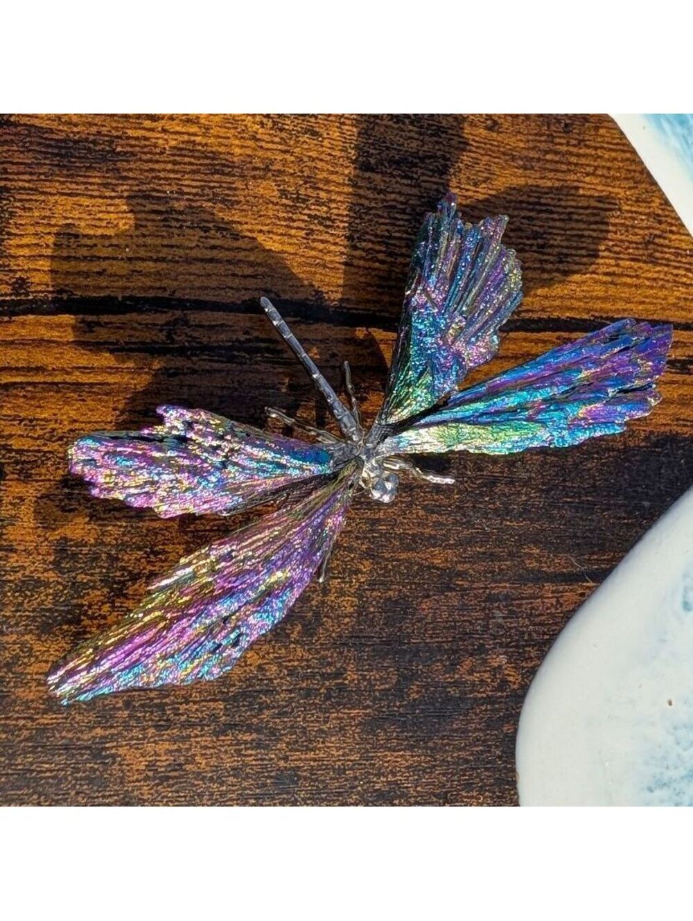 Rainbow Aura Kyanite Dragonfly, 4.1" Iridescent Crystal Wings